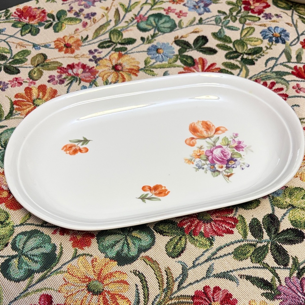 Floral Porcelain Serving Platter in White with Orange & Pink Accents